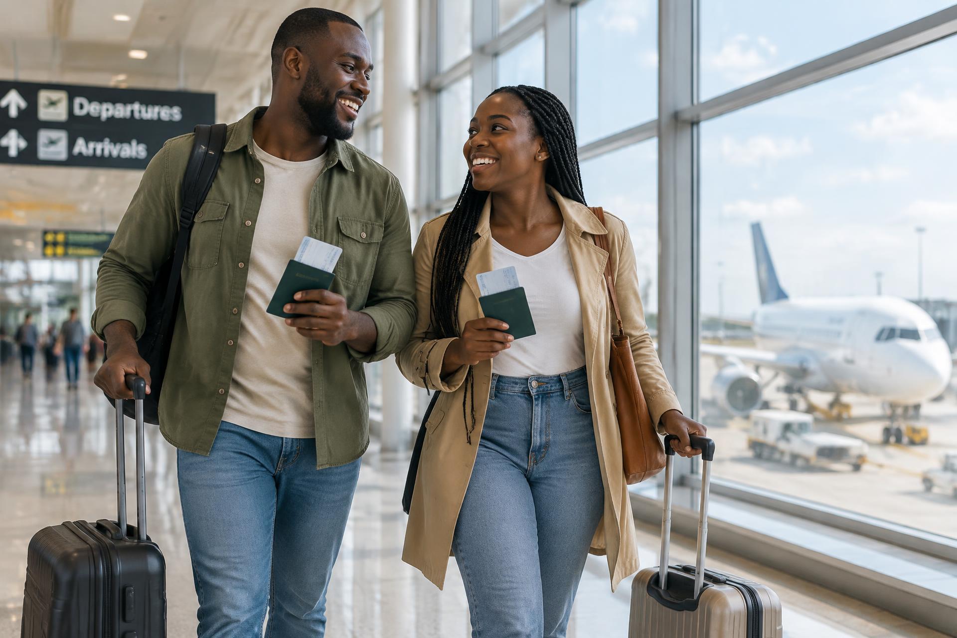 A Nigerian couple smiling with their passports and luggage at the airport